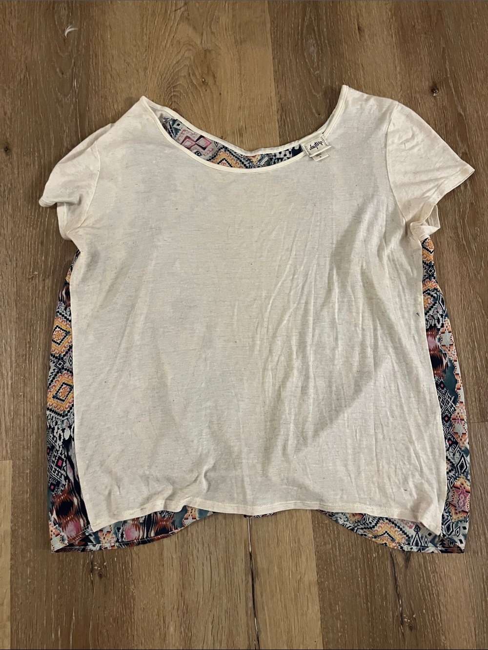 Daytrip Cream Short Sleeve Tee with Multicolor Patterned Layered Back